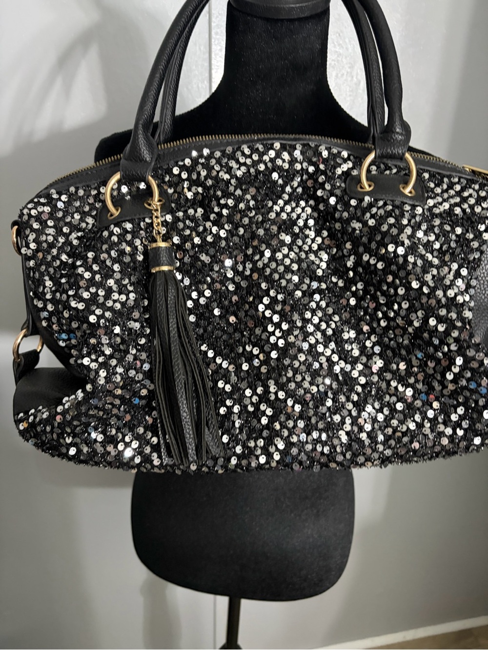Black Sequin Tassel Satchel - Women's Sparkle Tote